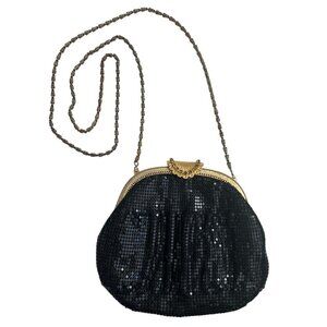 Black Bead Mesh Rhinestone Clam Shell Kiss Lock Evening Bag Purse Chain Strap